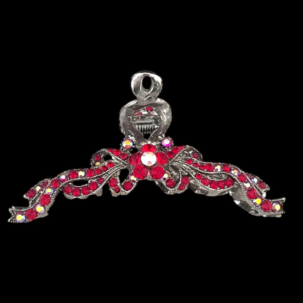 Vintage 1980s Hair Clip Silver Tone Red Crystal Statement Barrette - 11Q